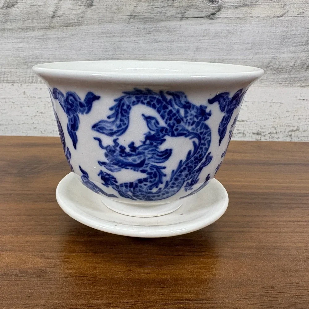 Vintage Chinese Blue Porcelain Dragon Bowl Cobalt‎ Blue with Base 3.5